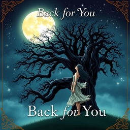 A captivating book cover design for 'Back for You' featuring a girl standing next to a grand, ancient tree, gazing contemplatively at a radiant full moon illuminating the night sky