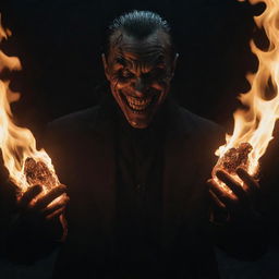 A cinematic villain manifesting their power of fire, their hands ablaze with intense flames reflecting off their sinister grin and dark attire