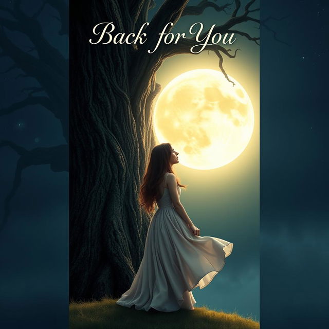 A captivating book cover design for 'Back for You' featuring a girl standing beside a grand, towering tree, gazing thoughtfully at a brilliant full moon illuminating the night sky