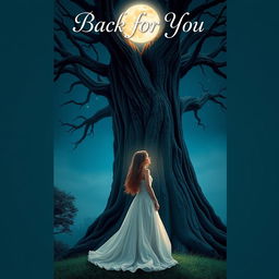 A captivating book cover design for 'Back for You' featuring a girl standing beside a grand, towering tree, gazing thoughtfully at a brilliant full moon illuminating the night sky