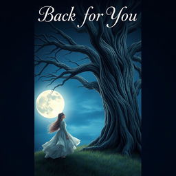 A captivating book cover design for 'Back for You' featuring a girl standing beside a grand, towering tree, gazing thoughtfully at a brilliant full moon illuminating the night sky