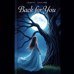 A captivating book cover design for 'Back for You' featuring a girl standing beside a grand, towering tree, gazing thoughtfully at a brilliant full moon illuminating the night sky