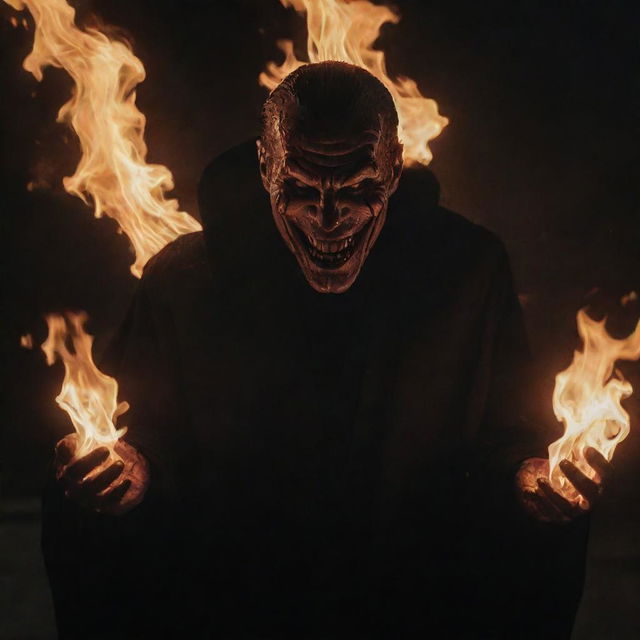 A cinematic villain manifesting their power of fire, their hands ablaze with intense flames reflecting off their sinister grin and dark attire