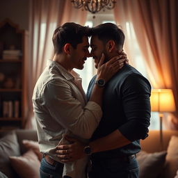 An artistic representation of a romantic encounter between two men, showcasing intimacy and affection in a tasteful manner