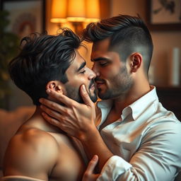An artistic representation of a romantic encounter between two men, showcasing intimacy and affection in a tasteful manner
