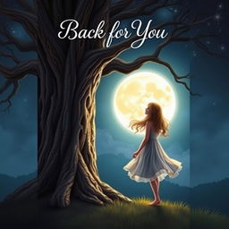 An enchanting book cover for 'Back for You' featuring a girl standing next to a majestic, towering tree, gazing up at a luminous full moon that casts a gentle glow over the scene