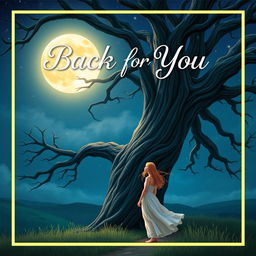 An enchanting book cover for 'Back for You' featuring a girl standing next to a majestic, towering tree, gazing up at a luminous full moon that casts a gentle glow over the scene