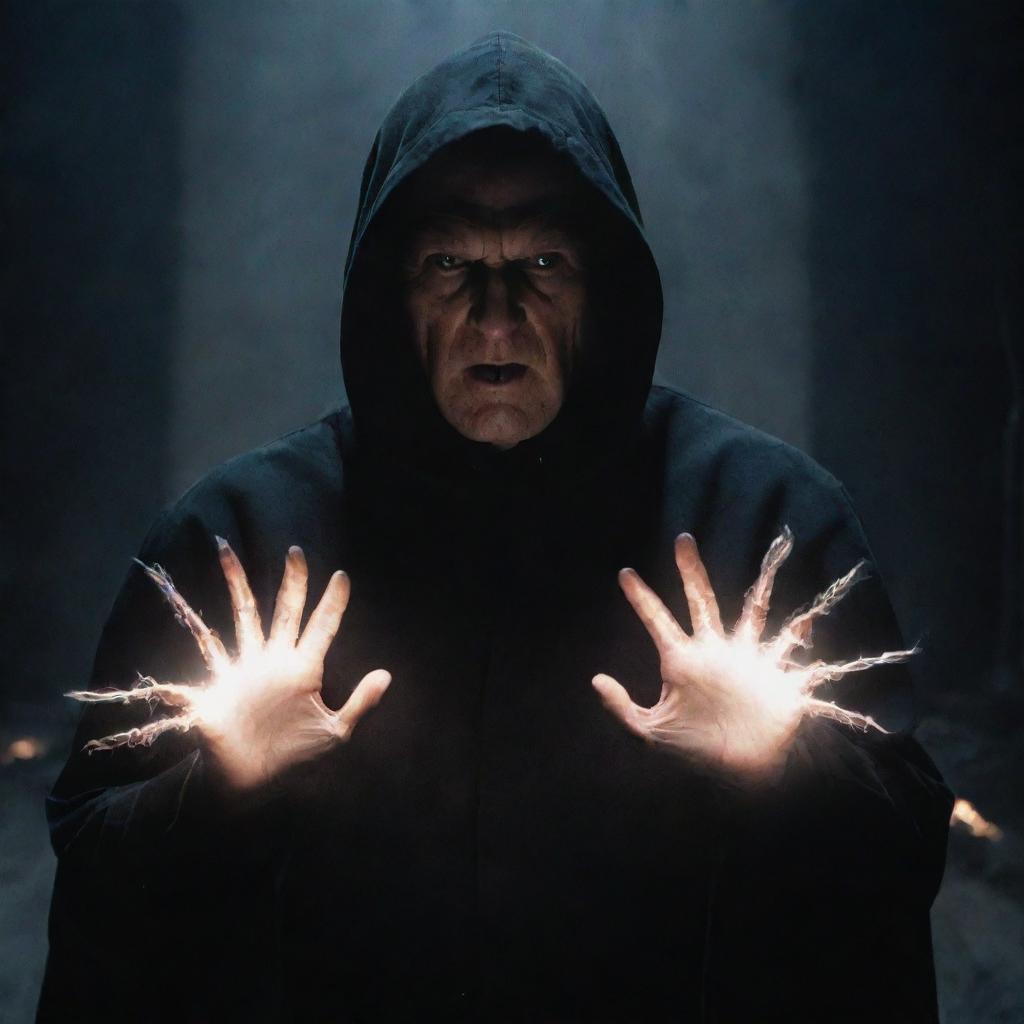 A menacing villain from a movie displaying their electrical power, bolts of electricity crackling around their hands while their intense gaze is framed by a dark outfit