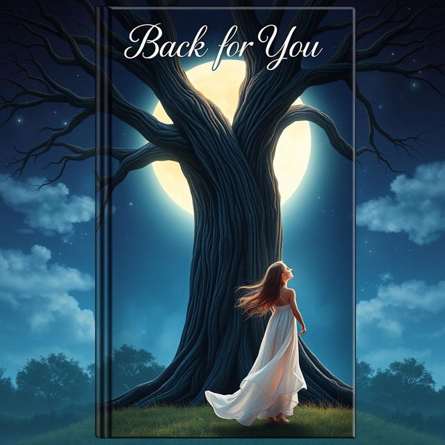 An enchanting book cover for 'Back for You' featuring a girl standing next to a majestic, towering tree, gazing up at a luminous full moon that casts a gentle glow over the scene