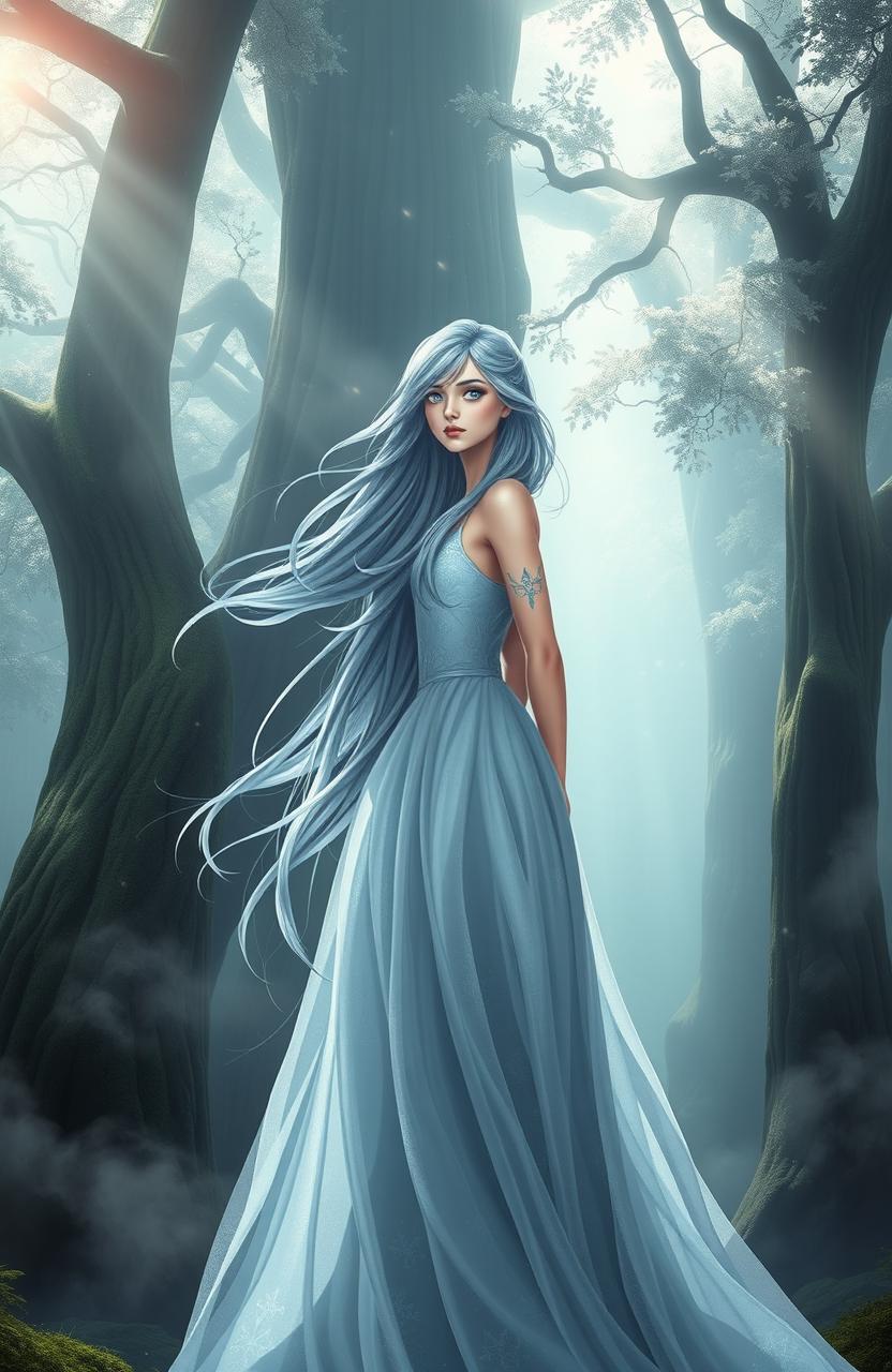 A female demigod with flowing gray-blue hair stands confidently facing a mystical, misty forest