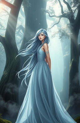 A female demigod with flowing gray-blue hair stands confidently facing a mystical, misty forest