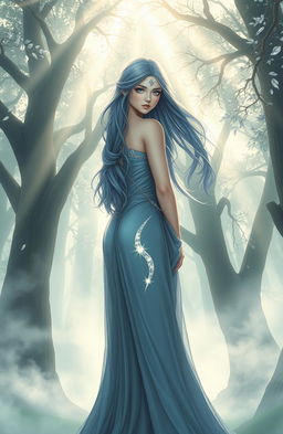 A female demigod with flowing gray-blue hair stands confidently facing a mystical, misty forest