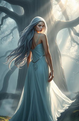 A female demigod with flowing gray-blue hair stands confidently facing a mystical, misty forest