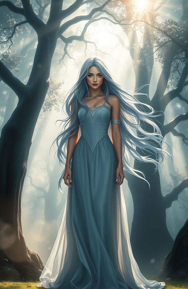 A female demigod with flowing gray-blue hair stands confidently facing a mystical, misty forest