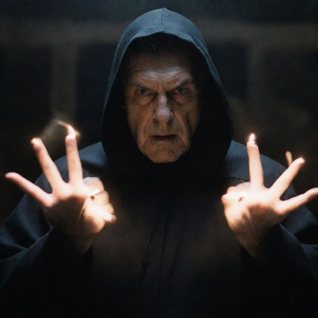 A menacing villain from a movie displaying their electrical power, bolts of electricity crackling around their hands while their intense gaze is framed by a dark outfit