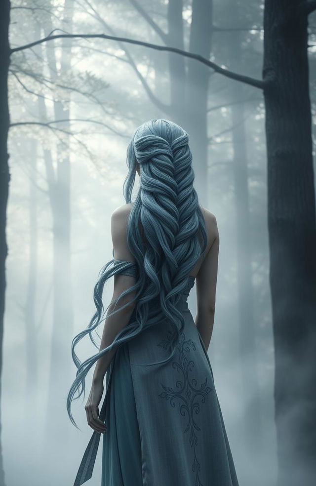 A female demigod with flowing gray-blue hair, elegantly twisted and cascading down her back, stands with her back to the viewer in a mystical, misty forest atmosphere