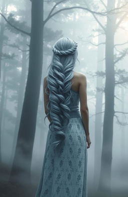 A female demigod with flowing gray-blue hair, elegantly twisted and cascading down her back, stands with her back to the viewer in a mystical, misty forest atmosphere