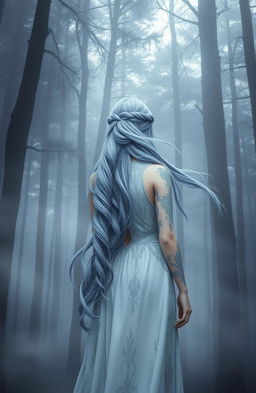 A female demigod with flowing gray-blue hair, elegantly twisted and cascading down her back, stands with her back to the viewer in a mystical, misty forest atmosphere