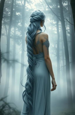 A female demigod with flowing gray-blue hair, elegantly twisted and cascading down her back, stands with her back to the viewer in a mystical, misty forest atmosphere