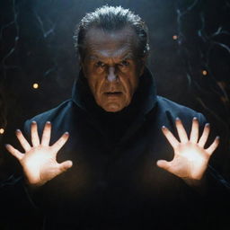 A menacing villain from a movie displaying their electrical power, bolts of electricity crackling around their hands while their intense gaze is framed by a dark outfit