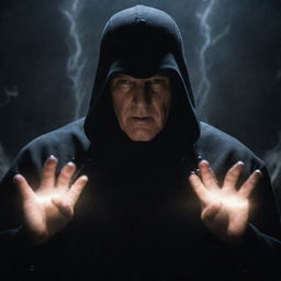 A menacing villain from a movie displaying their electrical power, bolts of electricity crackling around their hands while their intense gaze is framed by a dark outfit