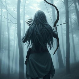 A female figure with long, flowing gray-blue hair, viewed from behind, holding a bow and arrow at the ready