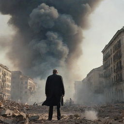 A large-scale scene from a movie showing the villain in the act of demolishing a city, their powerful figure contrasted with crumbling buildings, rising smoke and fleeing people