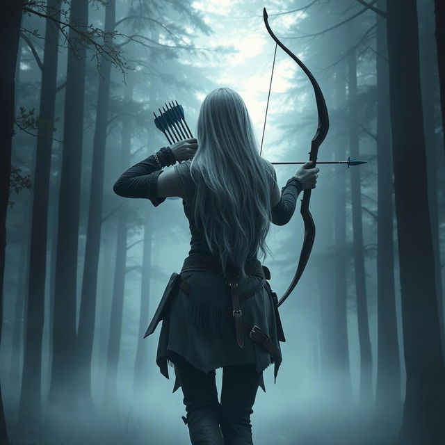 A female figure with long, flowing gray-blue hair, viewed from behind, holding a bow and arrow at the ready