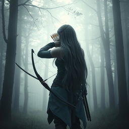 A female figure with long, flowing gray-blue hair, viewed from behind, holding a bow and arrow at the ready