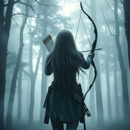 A female figure with long, flowing gray-blue hair, viewed from behind, holding a bow and arrow at the ready