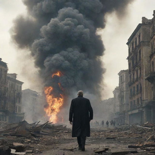 A large-scale scene from a movie showing the villain in the act of demolishing a city, their powerful figure contrasted with crumbling buildings, rising smoke and fleeing people