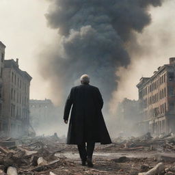 A large-scale scene from a movie showing the villain in the act of demolishing a city, their powerful figure contrasted with crumbling buildings, rising smoke and fleeing people