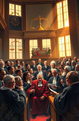 An artistic representation of judicial activism, showcasing a diverse group of judges and lawyers in a vibrant courtroom setting