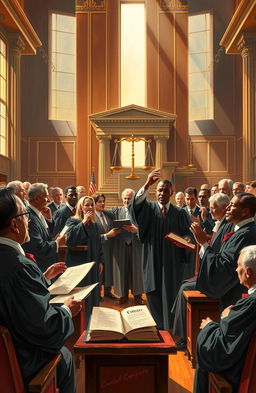 An artistic representation of judicial activism, showcasing a diverse group of judges and lawyers in a vibrant courtroom setting