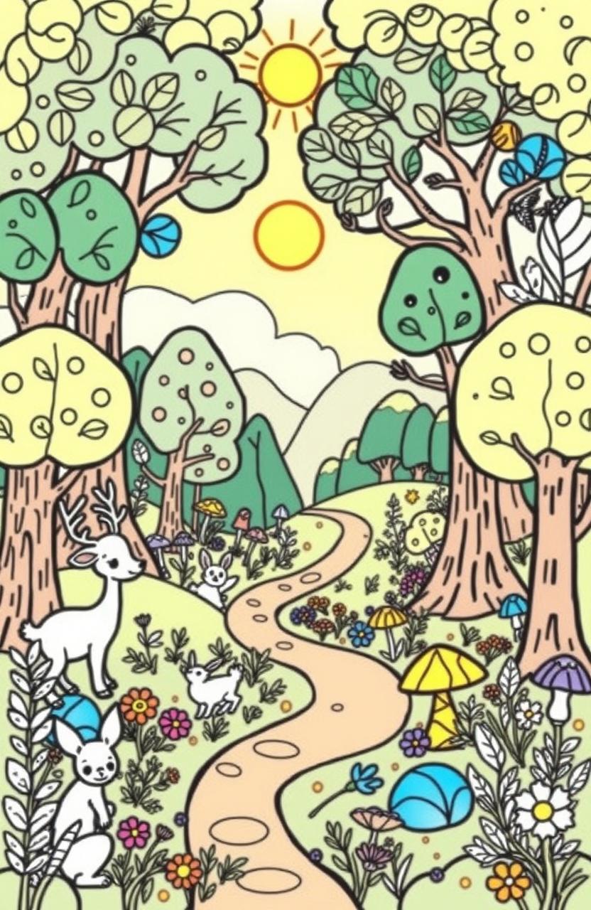 A whimsical and imaginative coloring book page featuring a fantastical forest scene