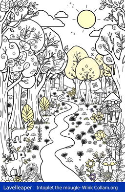 A whimsical and imaginative coloring book page featuring a fantastical forest scene