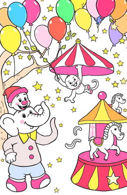 A vibrant and playful children's coloring book page featuring various circus animals, including a friendly clown, a playful elephant, a mischievous monkey hanging from a tree, and a colorful carousel with horses