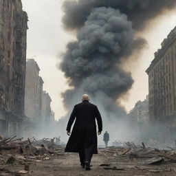 A large-scale scene from a movie showing the villain in the act of demolishing a city, their powerful figure contrasted with crumbling buildings, rising smoke and fleeing people