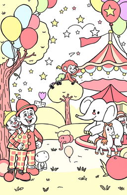 A vibrant and playful children's coloring book page featuring various circus animals, including a friendly clown, a playful elephant, a mischievous monkey hanging from a tree, and a colorful carousel with horses