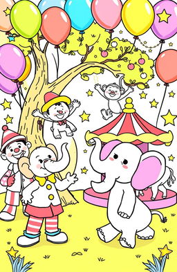 A vibrant and playful children's coloring book page featuring various circus animals, including a friendly clown, a playful elephant, a mischievous monkey hanging from a tree, and a colorful carousel with horses