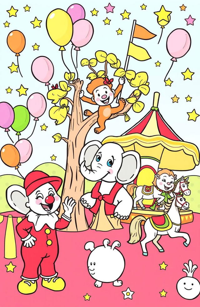 A vibrant and playful children's coloring book page featuring various circus animals, including a friendly clown, a playful elephant, a mischievous monkey hanging from a tree, and a colorful carousel with horses