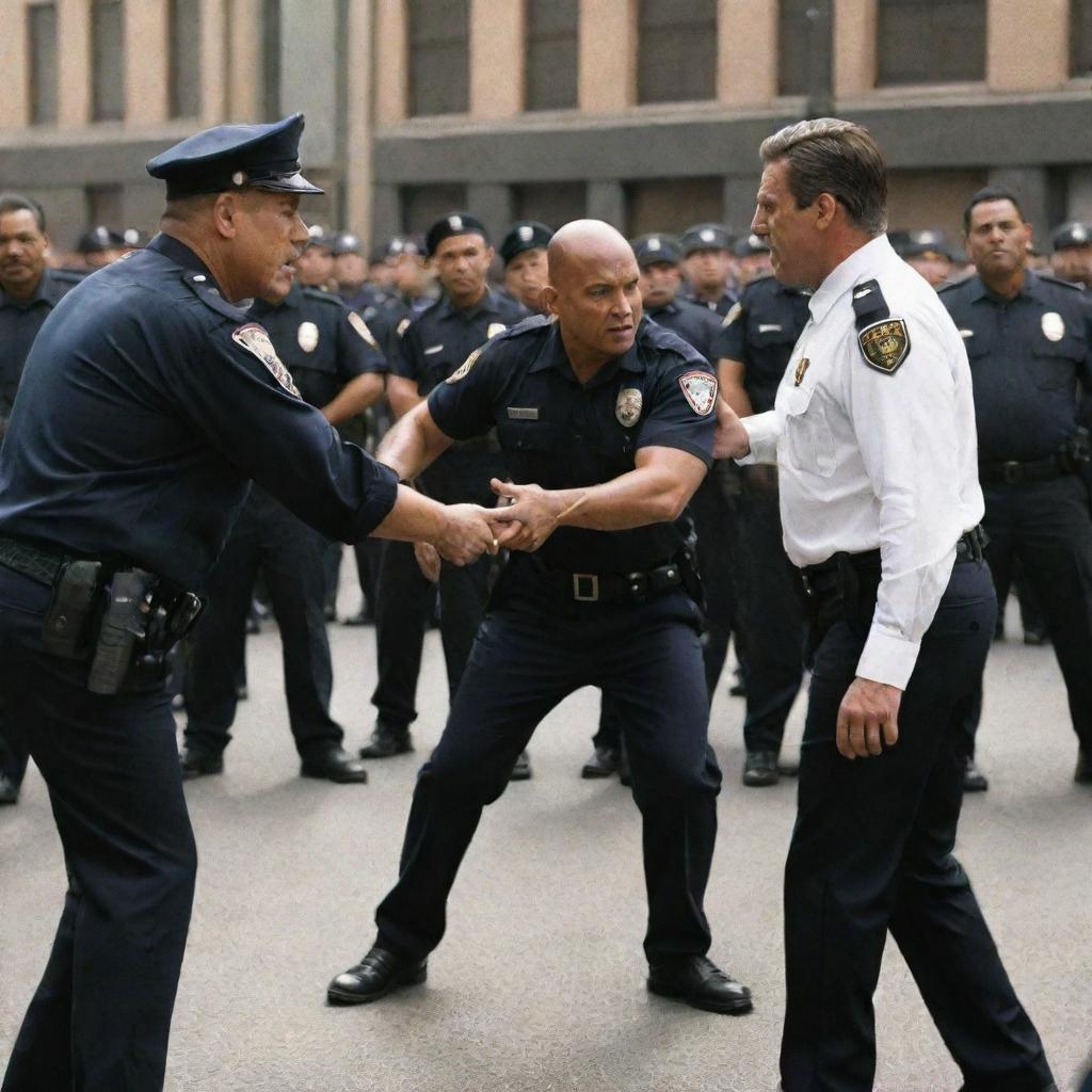 An action-packed scene from a movie showing the face-off between a villain and police force with the villain displaying a defiant demeanor as the officers bravely face them