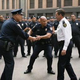 An action-packed scene from a movie showing the face-off between a villain and police force with the villain displaying a defiant demeanor as the officers bravely face them