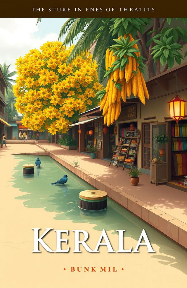 A vintage street scene in Kerala, featuring a vibrant turmeric tree with its bright yellow-orange color on one side