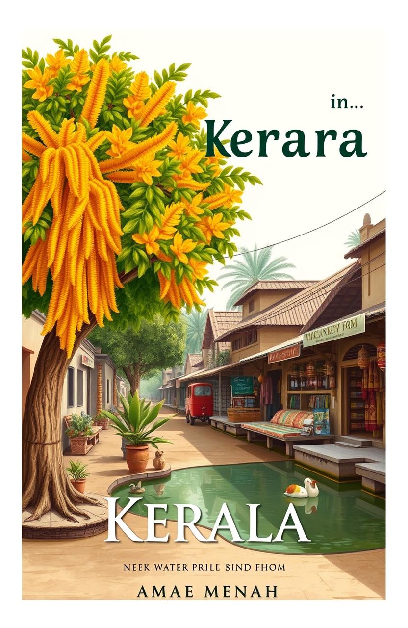 A vintage street scene in Kerala, featuring a vibrant turmeric tree with its bright yellow-orange color on one side