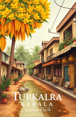A vintage street scene in Kerala, featuring a vibrant turmeric tree with its bright yellow-orange color on one side