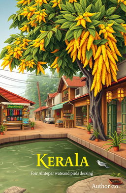 A vintage street scene in Kerala, featuring a vibrant turmeric tree with its bright yellow-orange color on one side