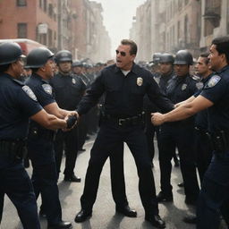 An action-packed scene from a movie showing the face-off between a villain and police force with the villain displaying a defiant demeanor as the officers bravely face them