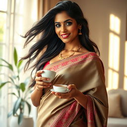 A stunningly beautiful Indian mother in a graceful pose, exuding confidence and femininity