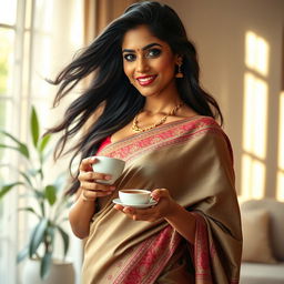 A stunningly beautiful Indian mother in a graceful pose, exuding confidence and femininity